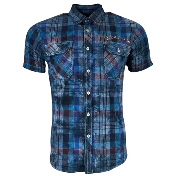 Affliction Blue Plaid Short Sleeve Shirt - Picture 2 of 6